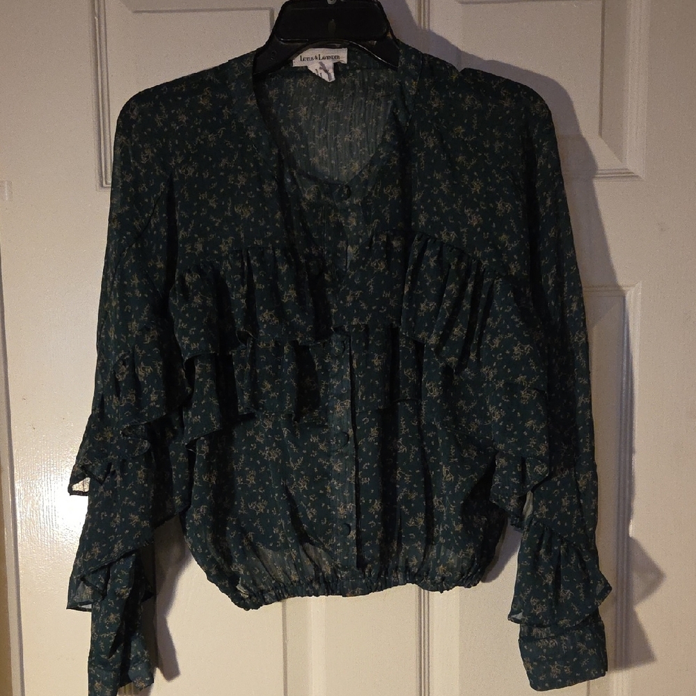 Teal Floral Blouse with Ruffles